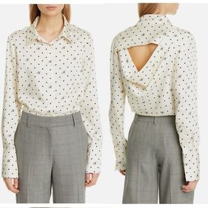 NWT MONSE Logo Open Back Draped Button Down Blouse